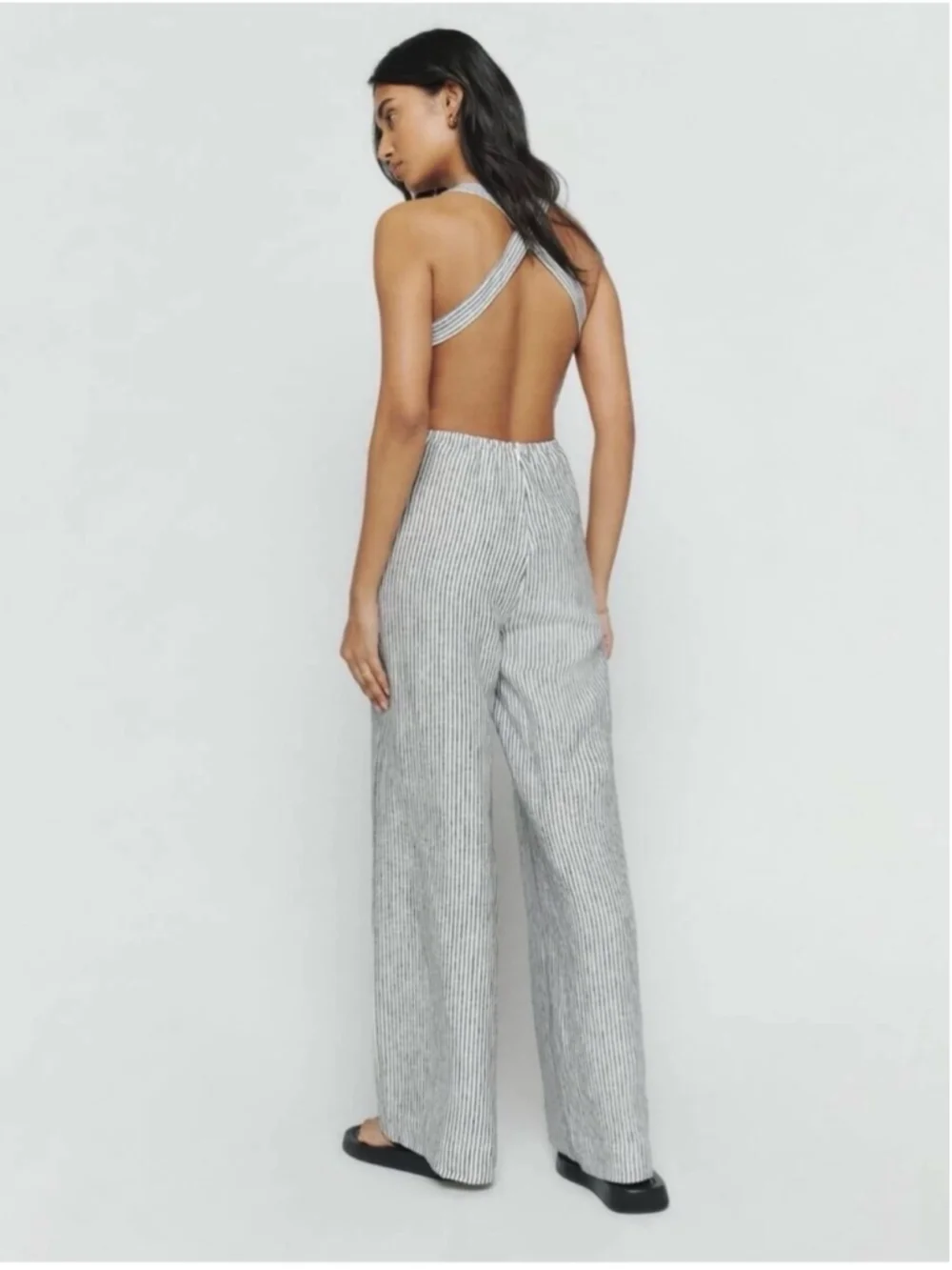 Reformation Autumn Linen Jumpsuit Vineyard Stripe Open Back Wide Leg Size 12 NWT